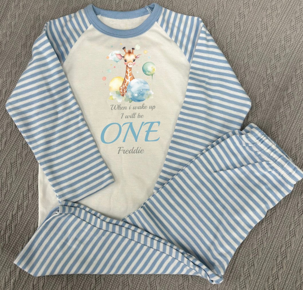 Giraffe When I Wake Up Personalised blue stripe Birthday Pyjamas Pjs