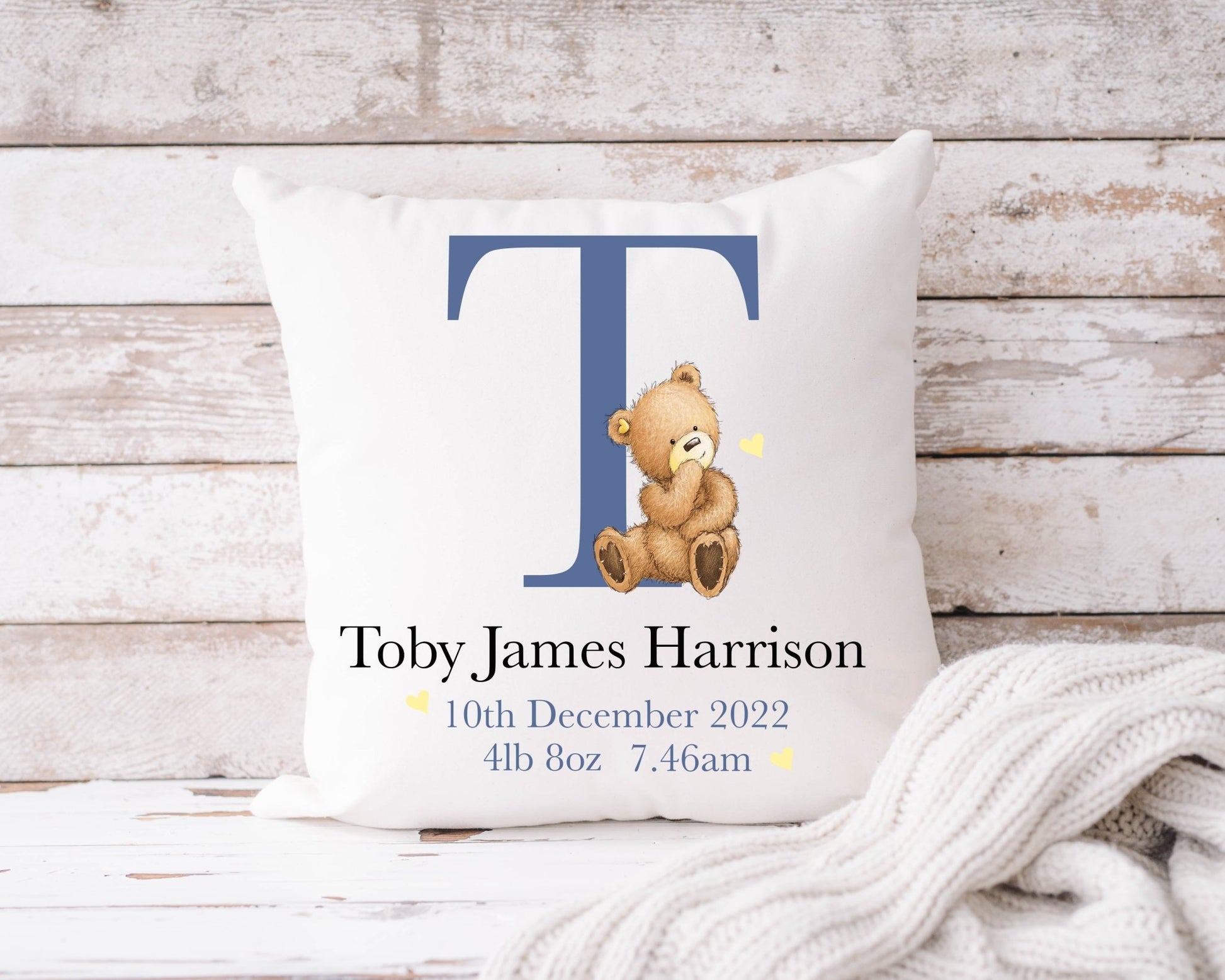 Initial with Bear Cushion 40x40cm - Blue