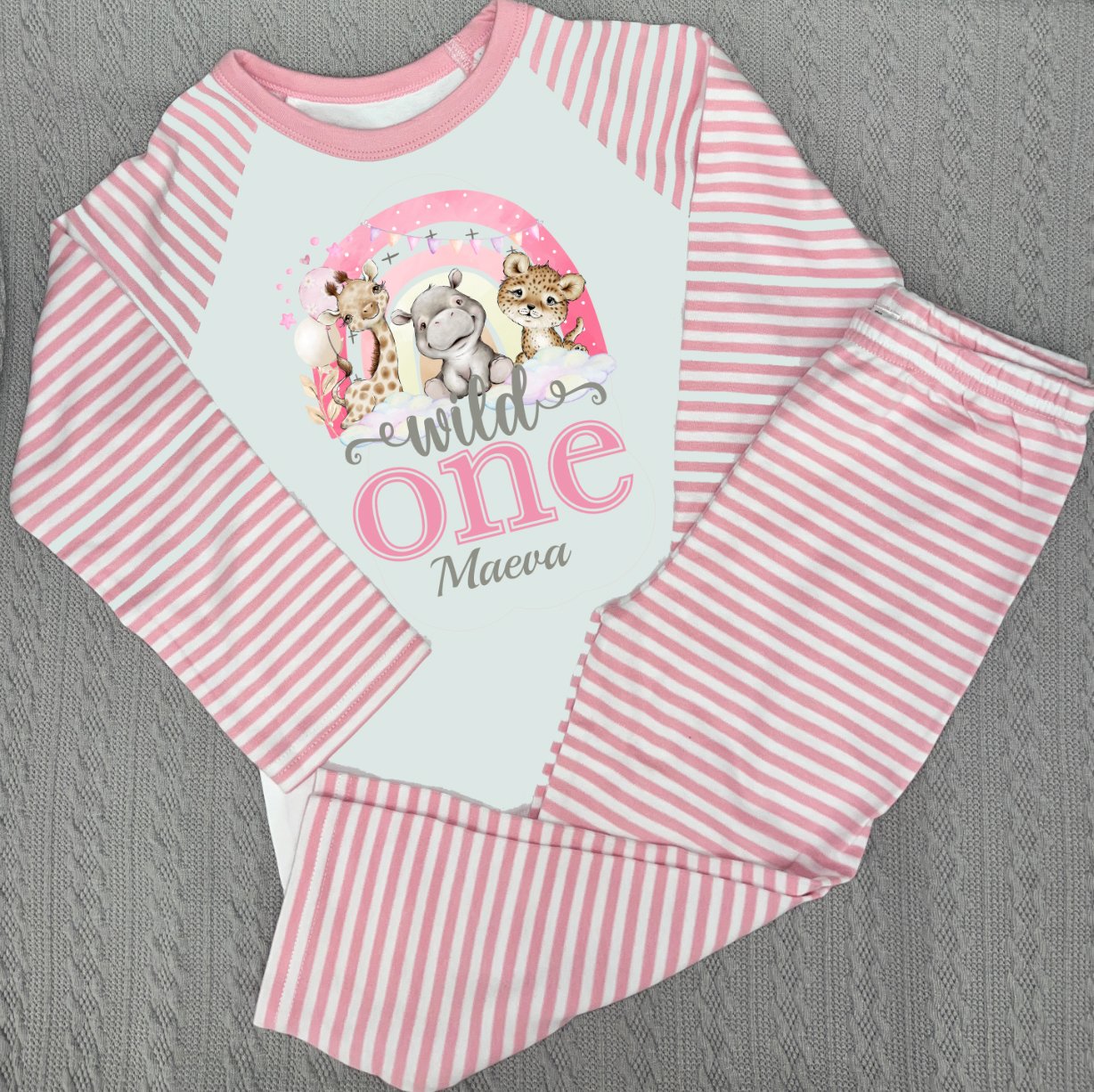 Rainbow When I Wake Up Personalised pink stripe Birthday Pyjamas Pjs